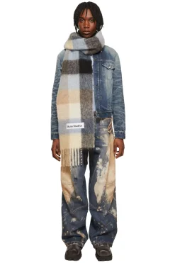Tilbehør<Acne Mohair Checked Scarf Skjerf Blå Og Beige