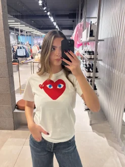 T-Shirt|T-Shirt<Comme des Garcons Play U T-shirt Red Emblem Knit T-shirt Hvit Og Rød