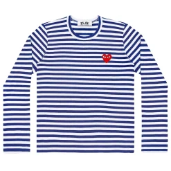T-Shirt|T-Shirt<Comme des Garcons Play Unisex T-Shirt LS Red Emblem T-shirt Stripet Mørkeblå